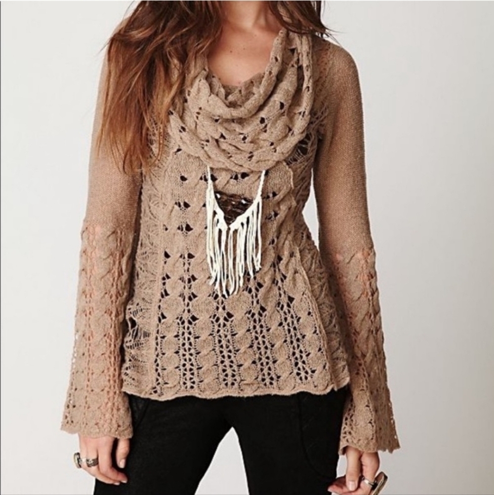 Free People Tan Cool Grace Cable Cowl Neck Sweater Sz XS Wool Blend
